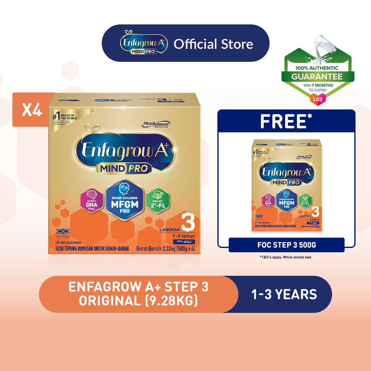 [Bundle of 4] Enfagrow A+ Step 3 (1Y+) Original Milk Formula Powder (2.32kg x 4) + free milk 500g