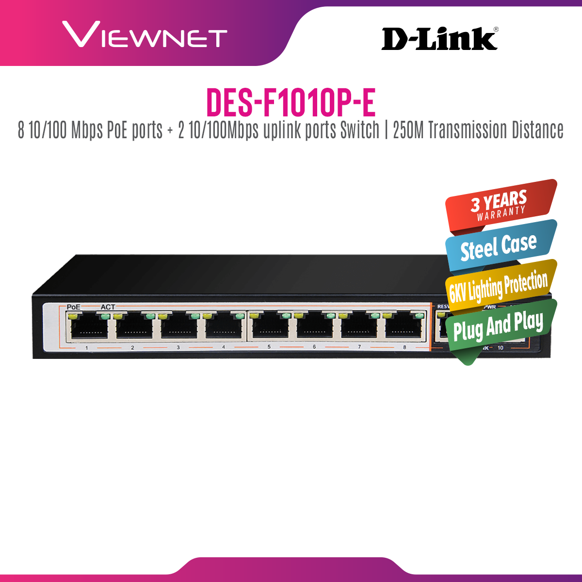 D-Link DES-F1010P-E STD 8-Port POE (96W) + 2-Port STD Switch *POE UP TO 250M*