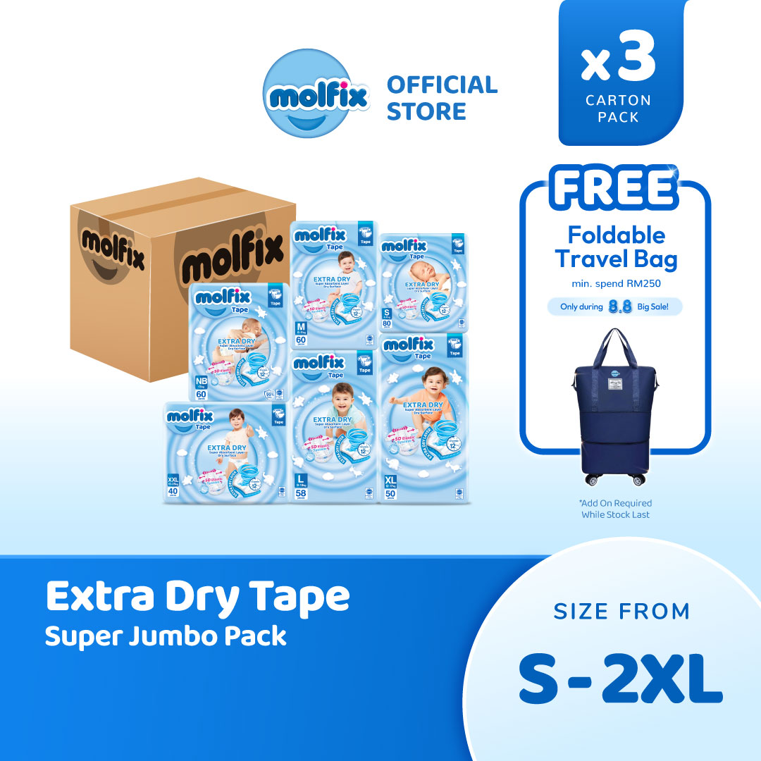 Molfix Extra Dry Tape Super Jumbo Pack (S80/M60/L58/XL50/XXL40) (Carton)