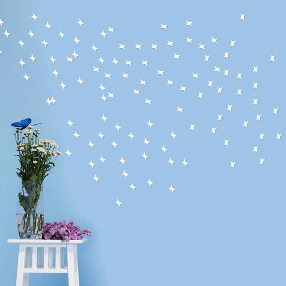 50PCS/Set 3D Stars Mirror Sticker Acrylic Mirror Wall Stickers Home Decor Mirror Art Stickers Home Background Ceiling Decoration (Silver)