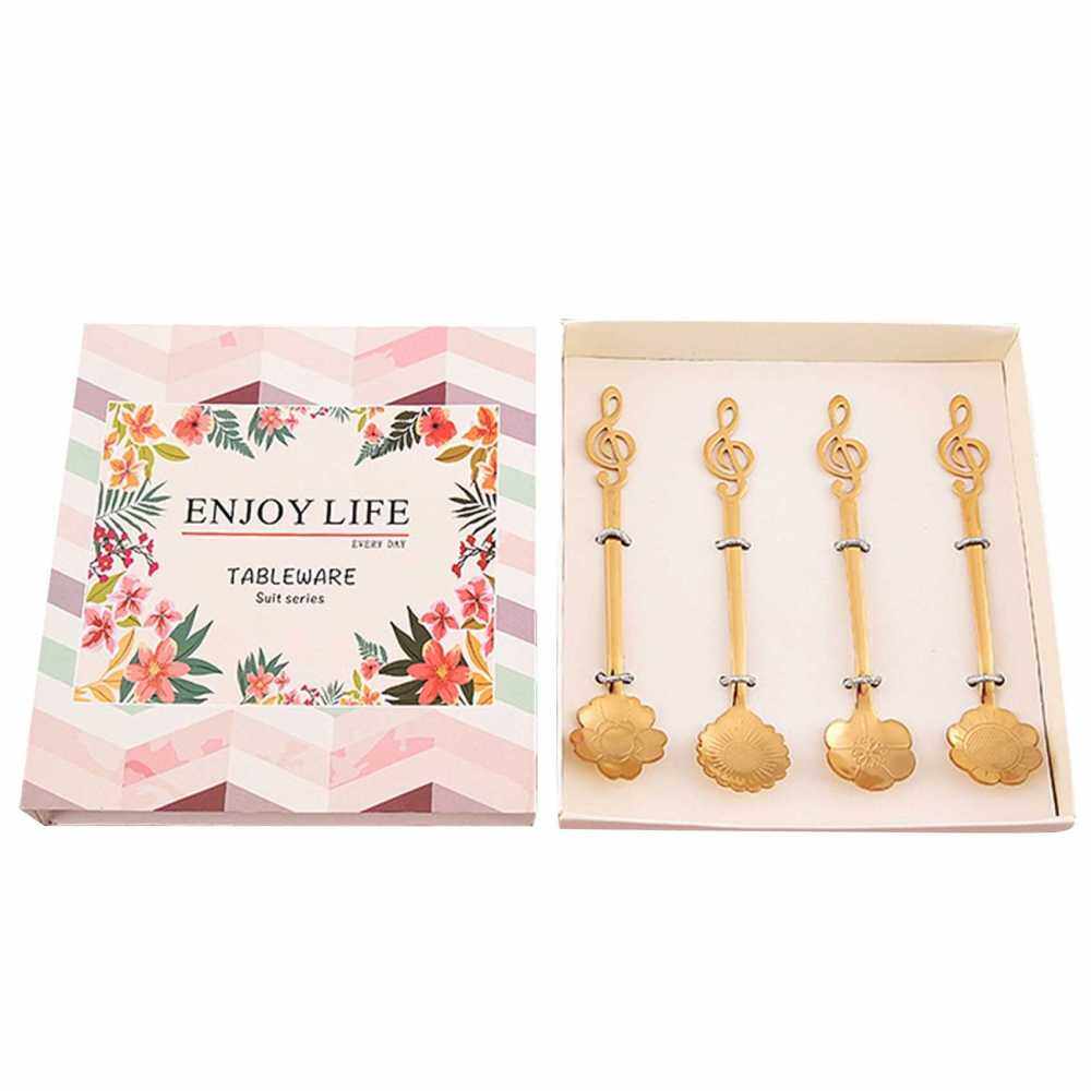 4PCs Stainless Steel Teaspoons Set Coffee Spoons Dessert Spoon Sugar Spoon Ice Cream Spoon Espresso Spoons Stirring Spoons with Flower Patterns Music Note Handle Suitable for Tableware Kitchen Cage Bar Gift , 5.3 Inch (Alh3077397g)
