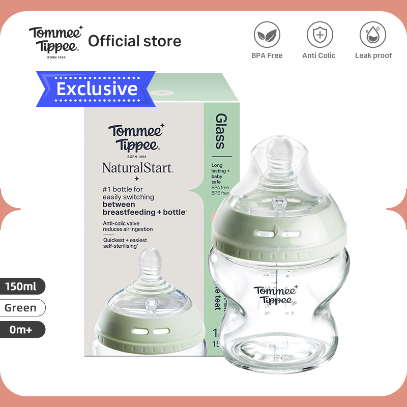 Tommee Tippee Natural Start Glass Baby Bottle 0m+ – BPA-Free Self-Sterilising 150/250ml Slow/Med Flow