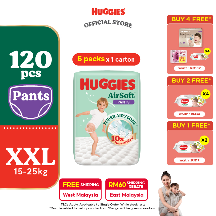[Peekaboo 03.08 - 05.08] Huggies AirSoft Pants Diapers XXL20 (6 packs) - Breathable and Soft Premium Diapers for Baby