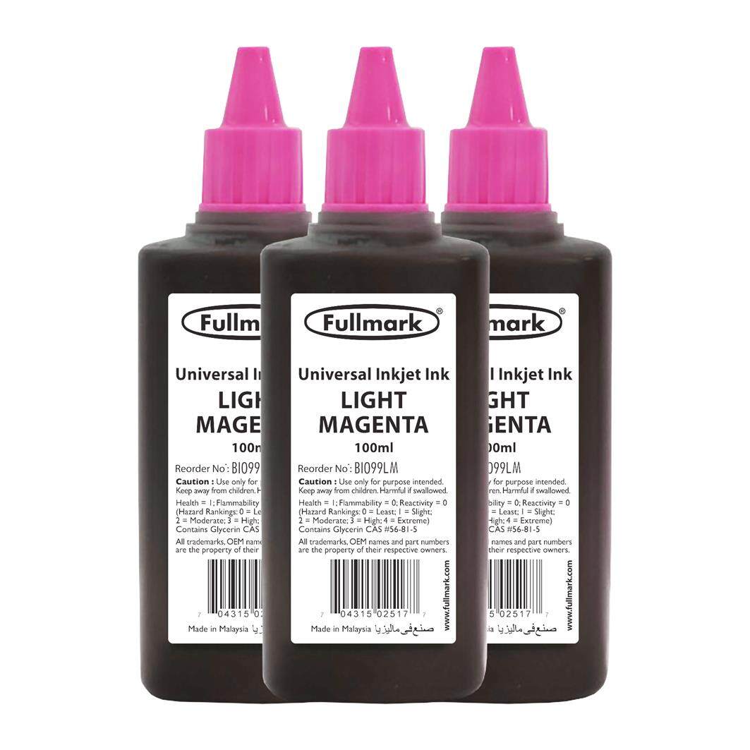 Fullmark Universal Inkjet Ink Refill for Canon / HP / Epson / Brother / Lexmark Printer 3 x 100ml Light Magenta (BI099)