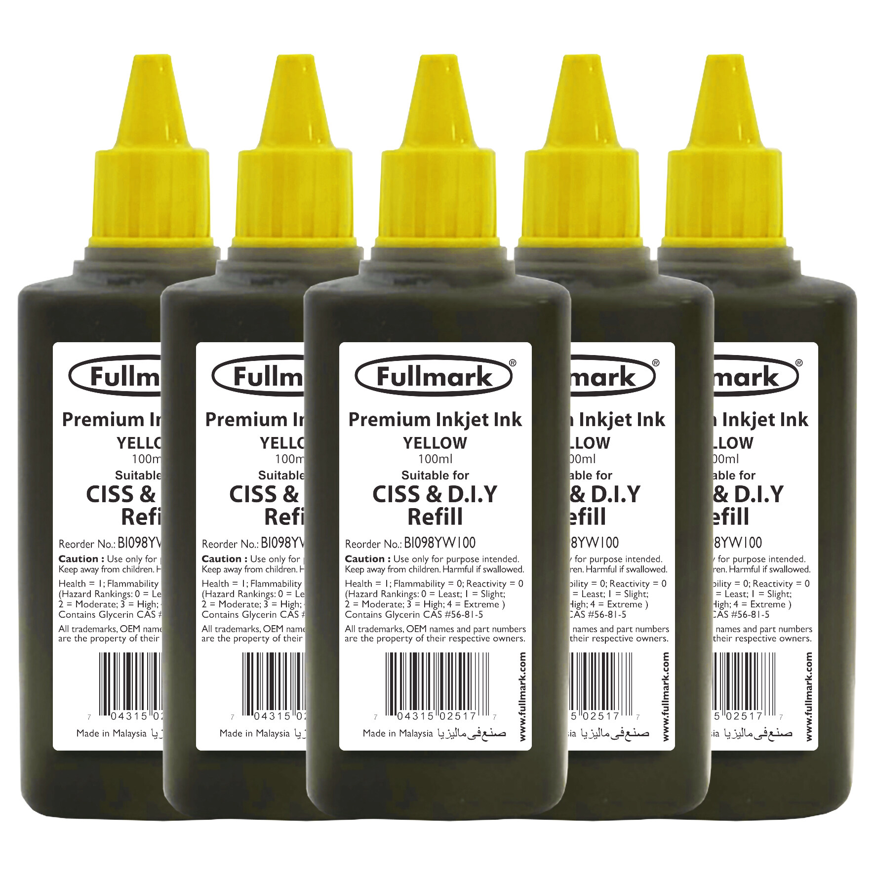 Fullmark Universal Inkjet Ink Refill for Canon / HP / Epson / Brother / Lexmark Printer, 5 x 100ml - Yellow (BI099)