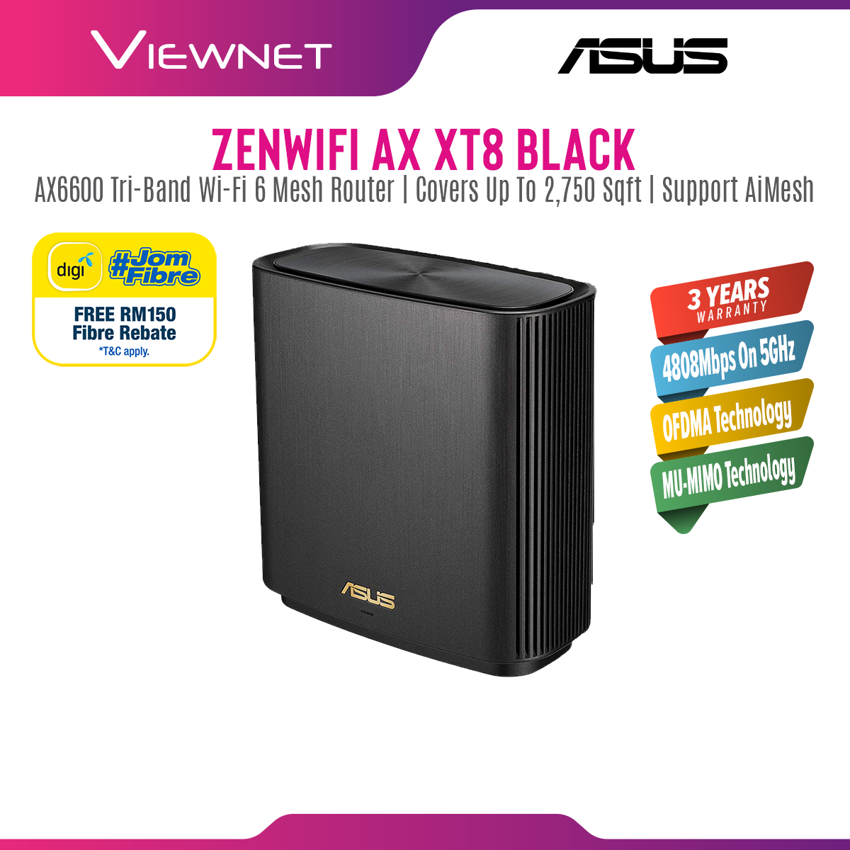 ASUS New Mesh ZenWiFi AX XT8 WiFi 6 Mesh WiFi System AiMesh (Single Pack)