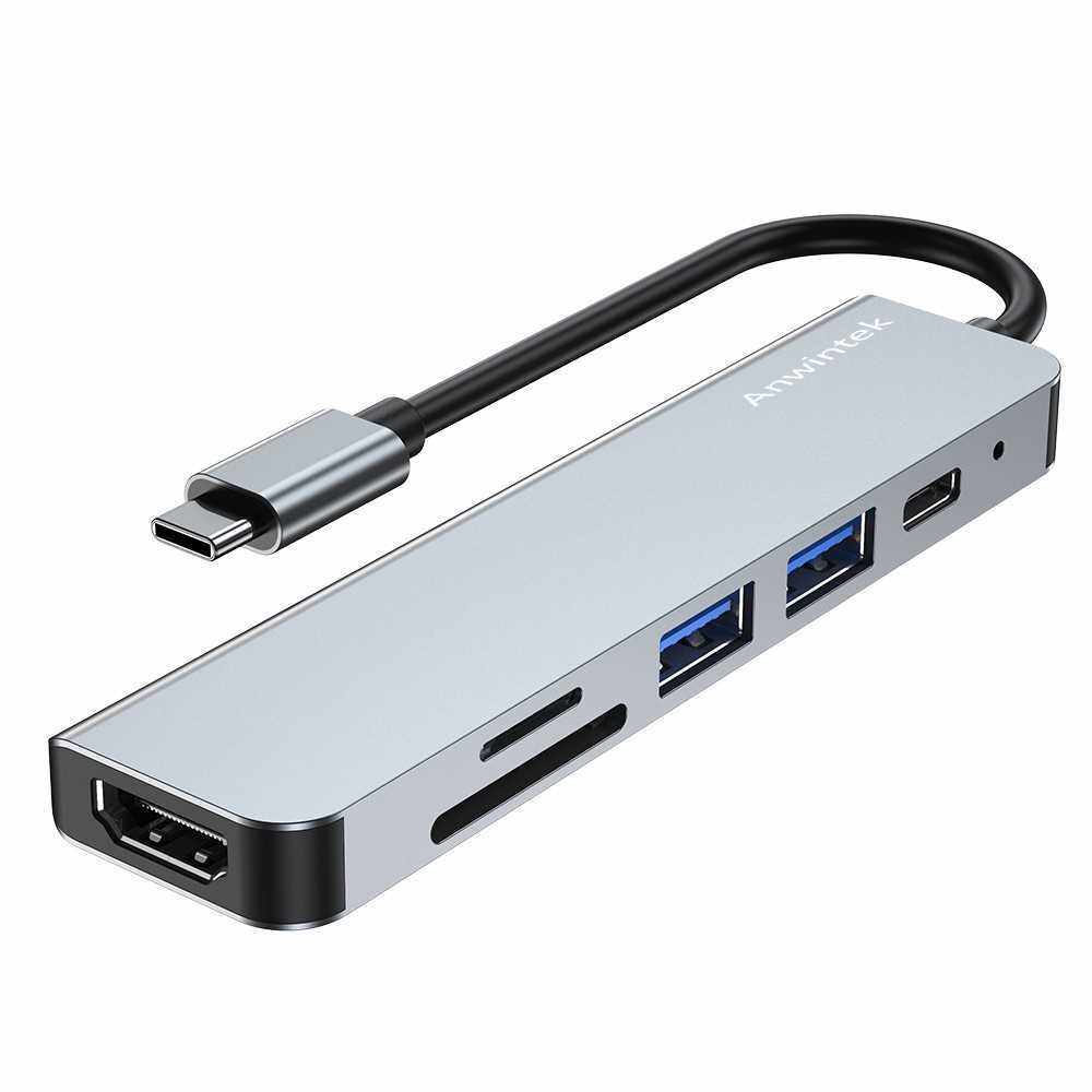 Anwintek 6-in-1 Type-C Hub to HD 4K@30Hz+SD+TF+USB 2.0+USB 3.0 640MB/s+PD Charging Port 87W Screen Mirroring OTG Function Grey (Grey)