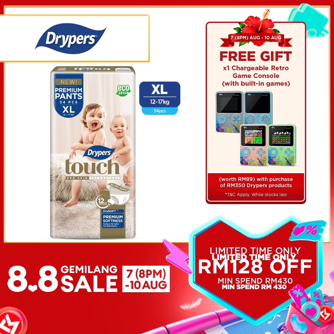 Drypers Touch Pants Baby Pants Diapers M44/ L38/ XL34/ XXL30 (1 Pack) - Super Soft & 12hr Dryness