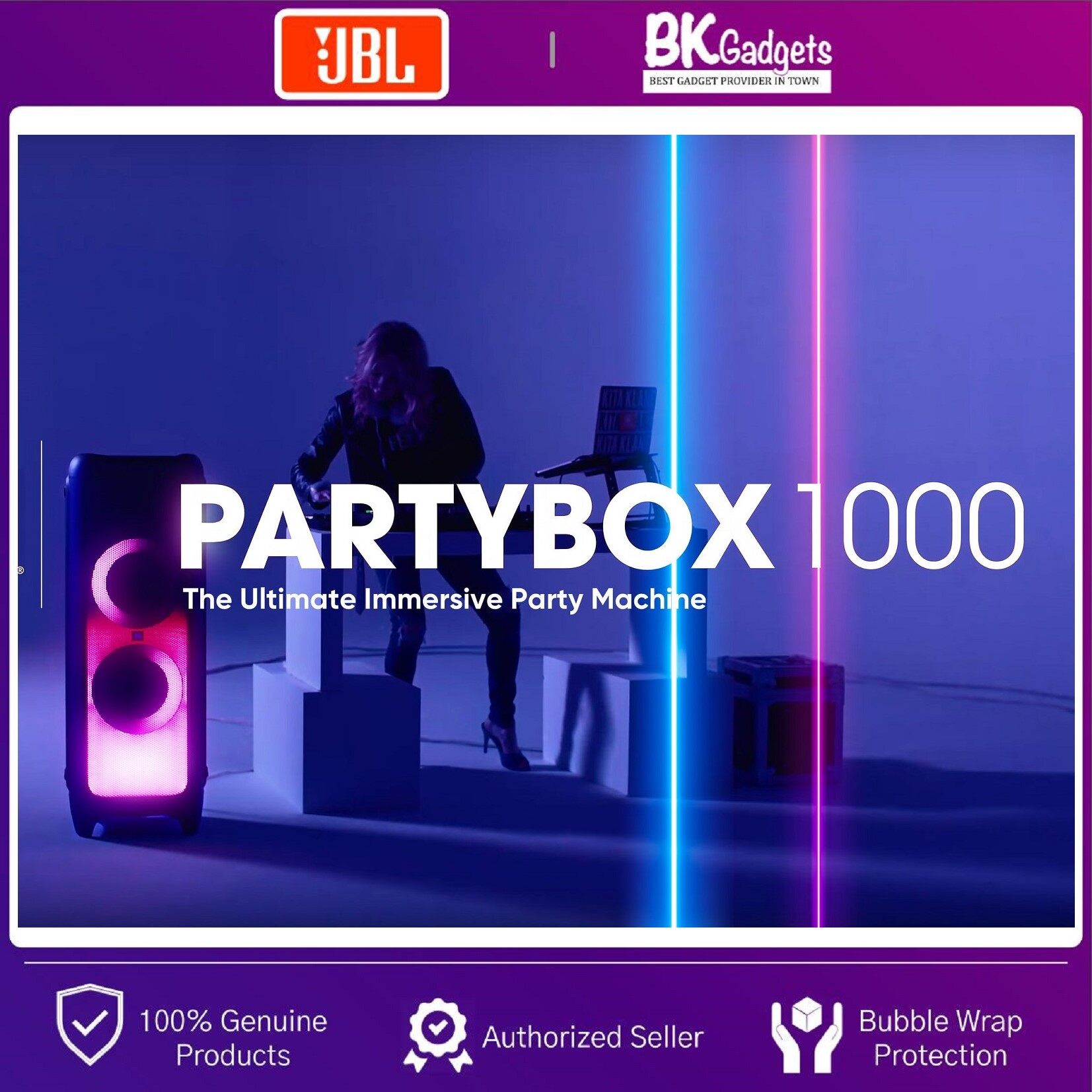 JBL PartyBox 1000 Powerful Portable Bluetooth Party Speaker - 1100W | Full Panel Light Effects | Light Show | JBL Signature Sound | Air Gesture Wristband