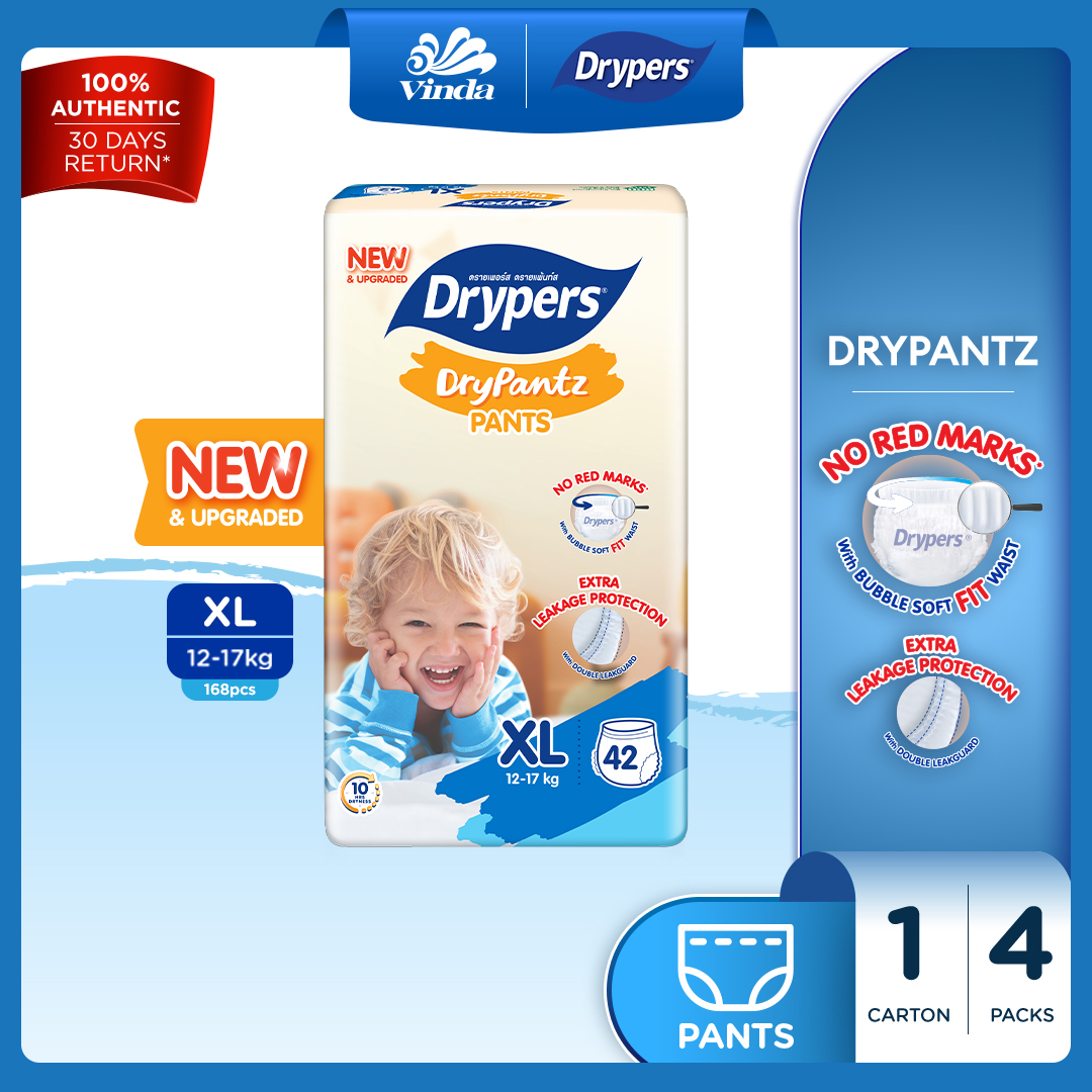 [UPGRADED] Drypers DryPantz Baby Diapers M58/ L48 / XL42 / XXL36 (4 Packs) - Bubble Soft Fit Waist Baby Pants