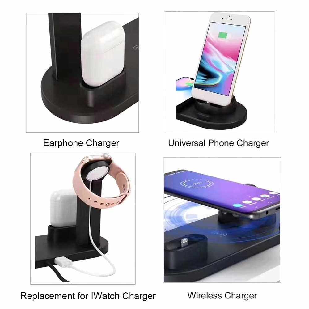 Best Selling Multifunctional 4 In 1 Wirelessly C-harger Dock Cell Phone Holder Rotatable Base Deisgn Stand Replacement for AirPods/ A-pple Watch/ i-Phone Portable (Black)