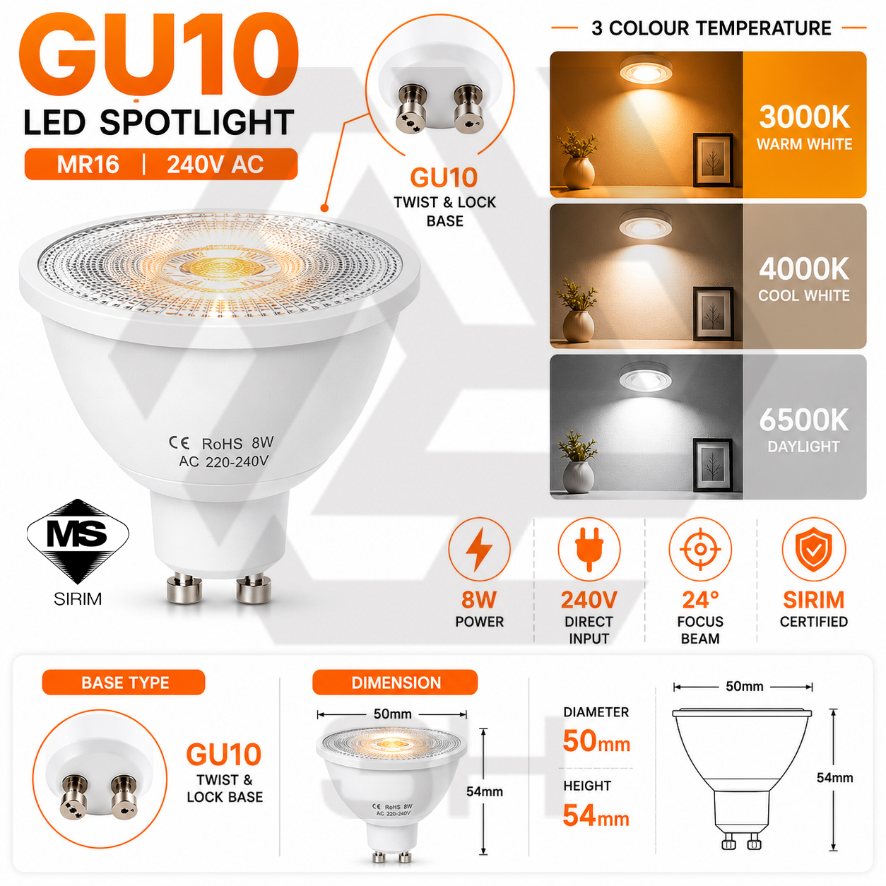 3H Lampu Mentol LED MR16 7W/8W G5.3/GU10 240V Pendek LED Lamp Bulb [SIRIM]