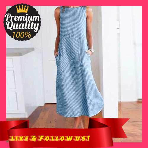 People's Choice Women Plus Size Dress Linen Retro Print O Neck Sleeveless Side Pockets Summer Casual Maxi Party Beach Dress (Blue)