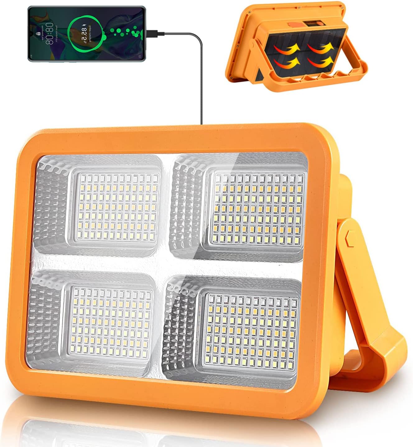 100W 10000 LM 336 LED Rechargeable Battery Solar Work Light Portable Stepless Brightness Emergency IP66 Waterproof 4 Light Modes for Power Failure Camping Fishing Car Repair Job Site