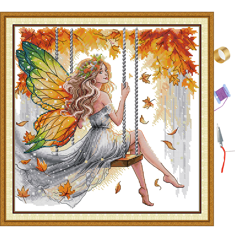 Factory Outlet Joy Sunday Stamped Pre-Printed Swinging Butterfly Fairy Pattern Cross Stitch Complete Set 11CT 14CT Cartoon Needlework DIY Embroidery Handmade Cotton Thread Kit DMC Room Home Hallway Decor Handicrafts
