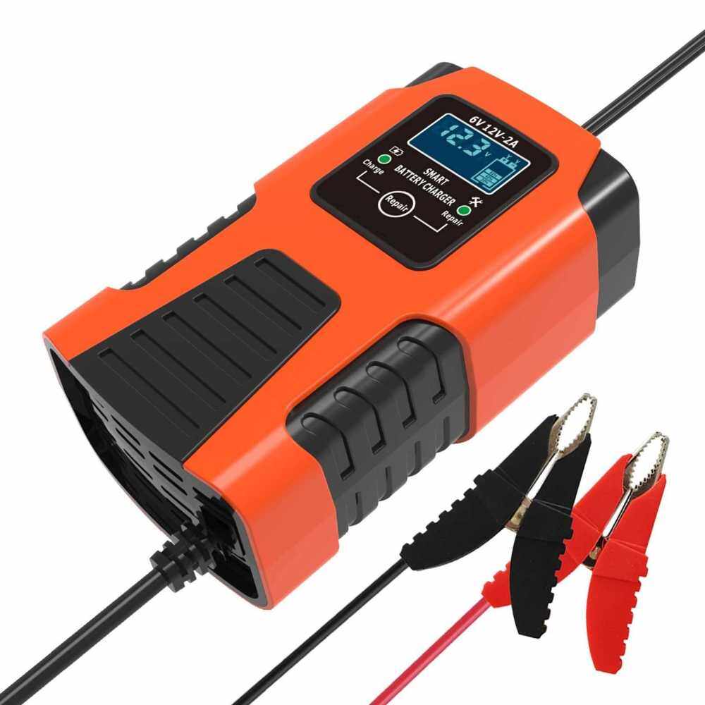 6V 12V 2A 3-stage Automatic Smart Battery Charger Multi-function Car Battery Charger Intelligent Fast Power Charging Pulse Repair Charger with Digital LCD Display (Red)
