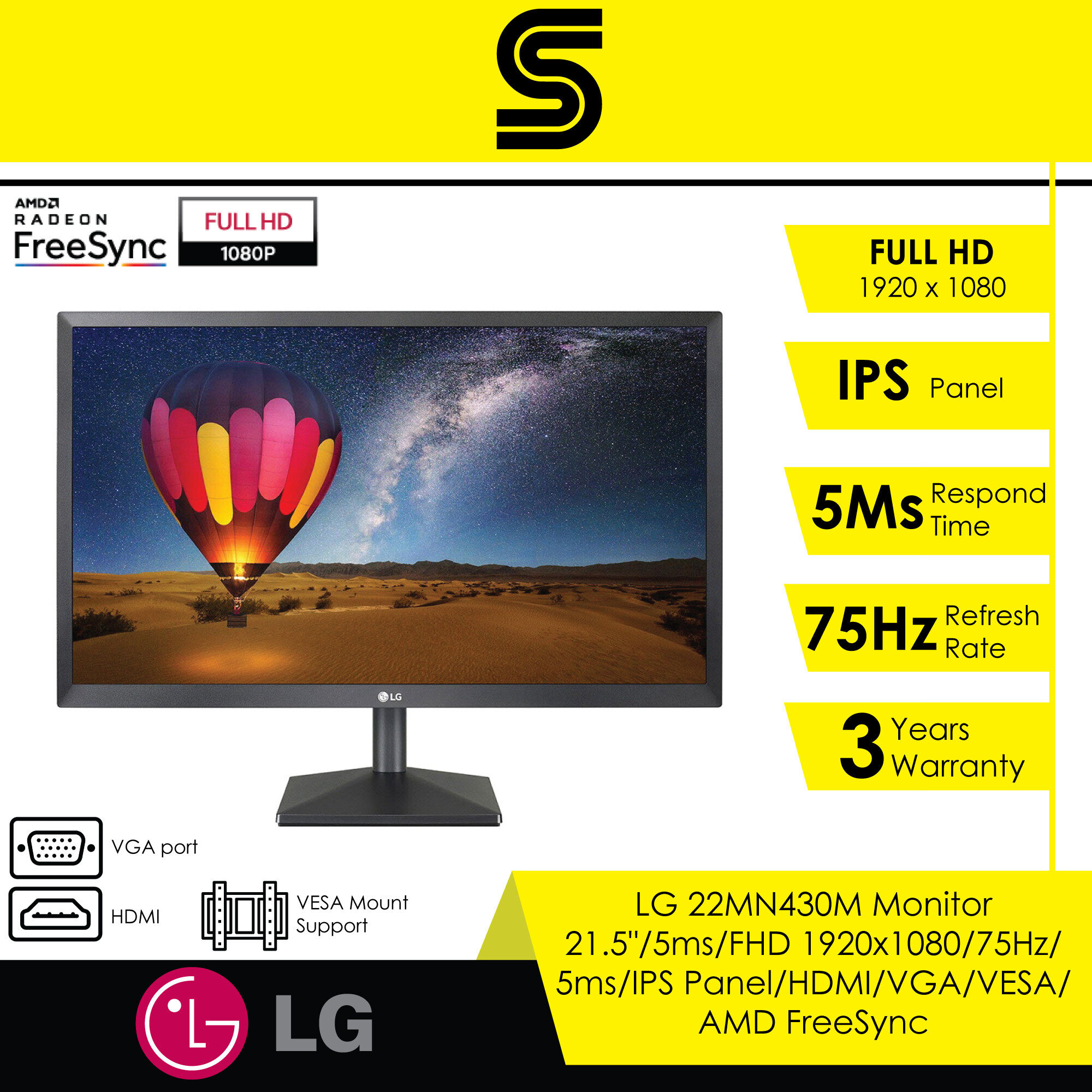 LG 22MN430M Monitor - 21.5"/Full HD 1920 x 1080/5ms/75Hz/IPS Panel/HDMI/VGA/VESA/FreeSync