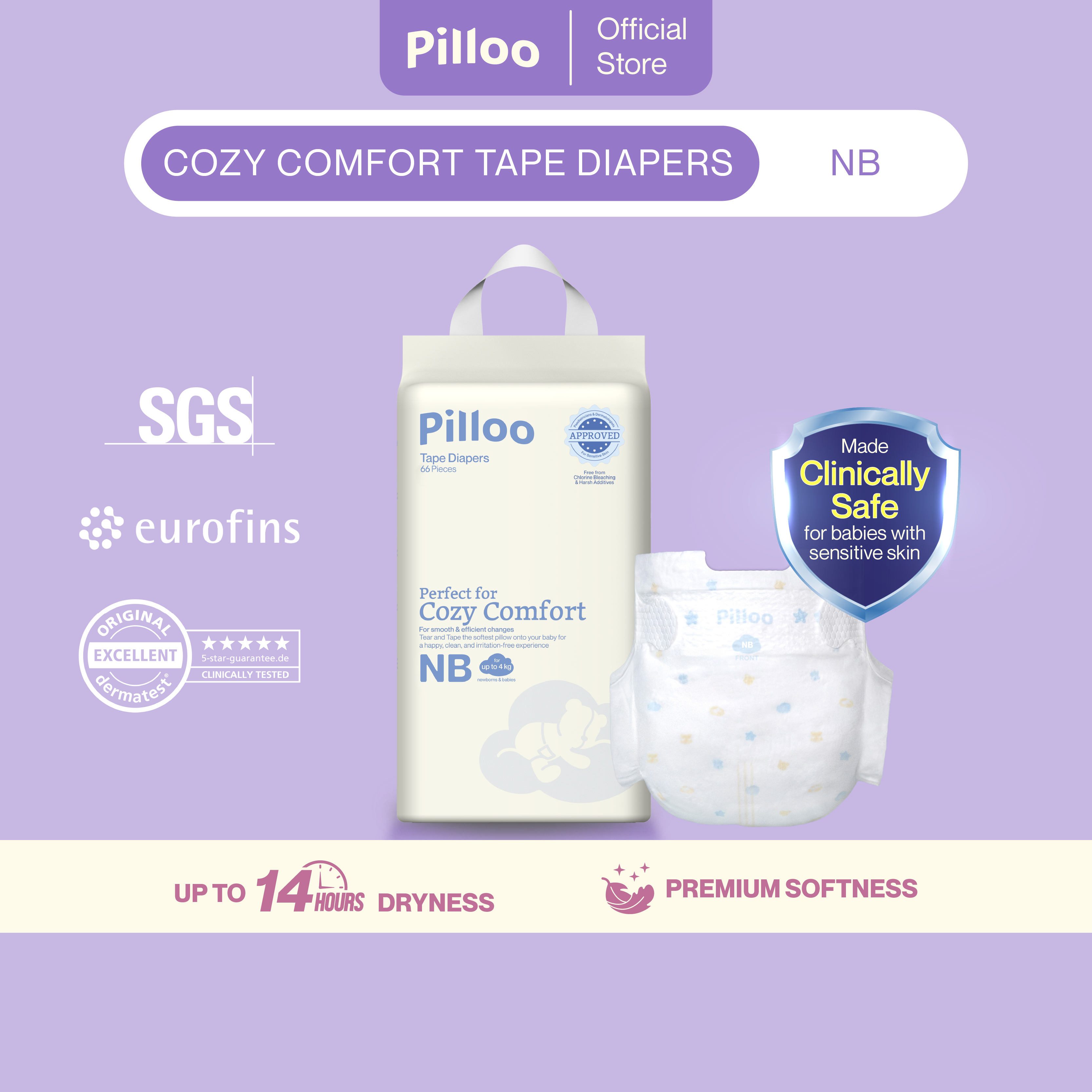Pilloo Cozy Comfort Baby Tape Diapers NB66/S66/M52 (Single Pack)