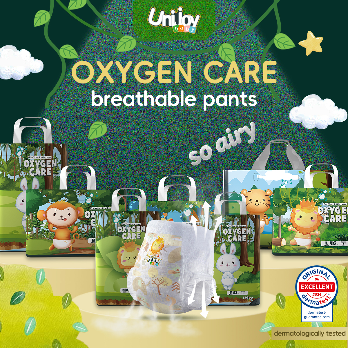 Unijoy Baby Newborn Diaper Oxygen Care Lampin Kanak (S 44 Pieces / M 38 Pieces / L 32 Pieces / XL 28 Pieces / XXL 24 Pieces) Diaper Tape (4 Packs)