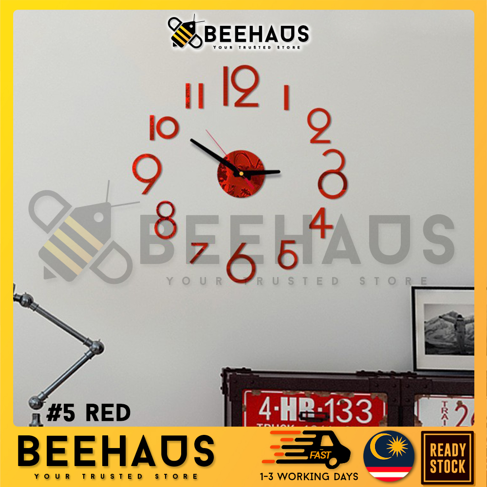 BEEHAUS DIY 3D Wall Clock Modern Design 3D Acrylic Wall Sticker Clock Self Adhesive Hanging Clock Home Decoration Jam Dinding