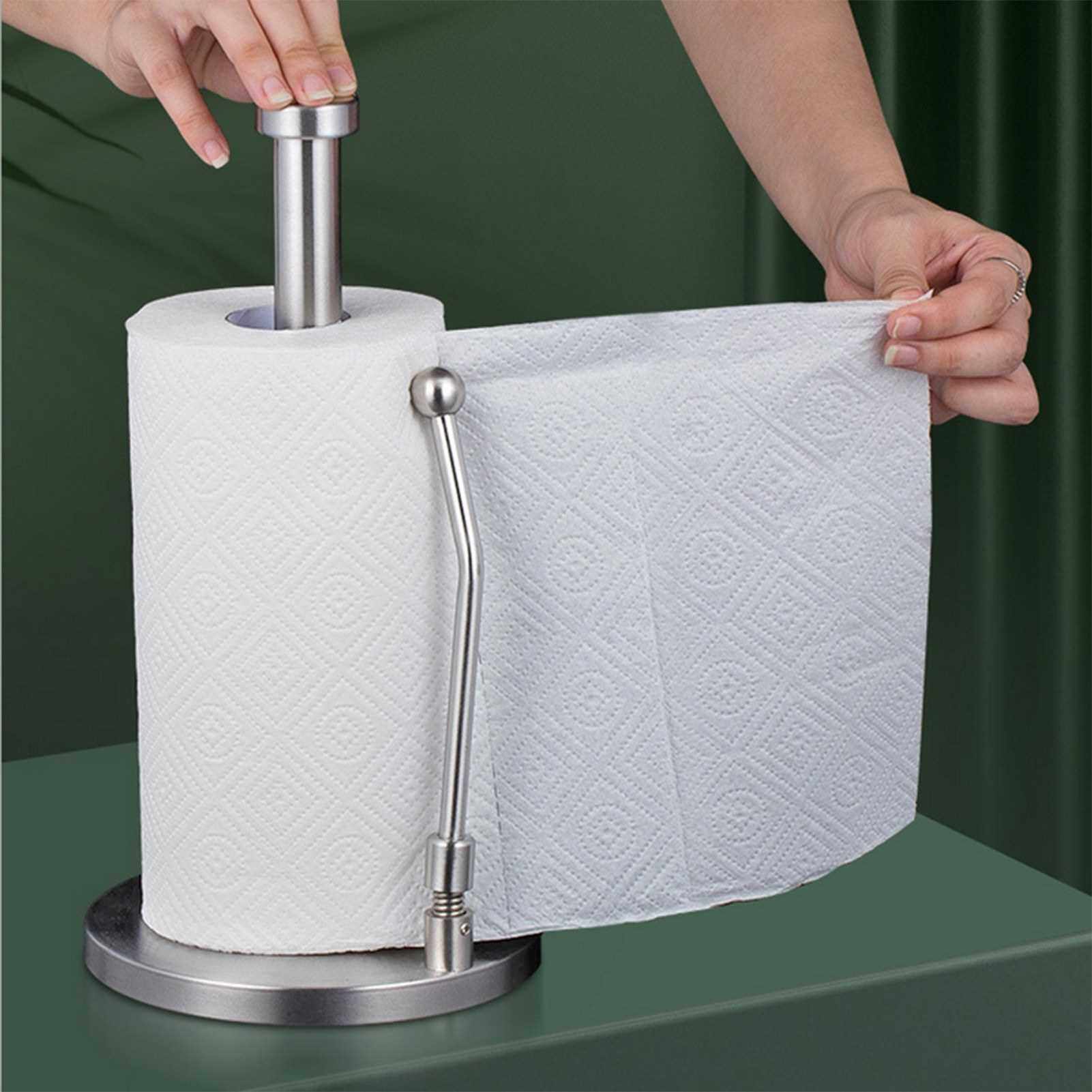 Stainless Steel Paper Towel Holder Standing Paper Towel Organizer Roll Dispenser Spring Loaded Paper Towel Holder for Kitchen Countertop Home Dining Table Silver (Standard)