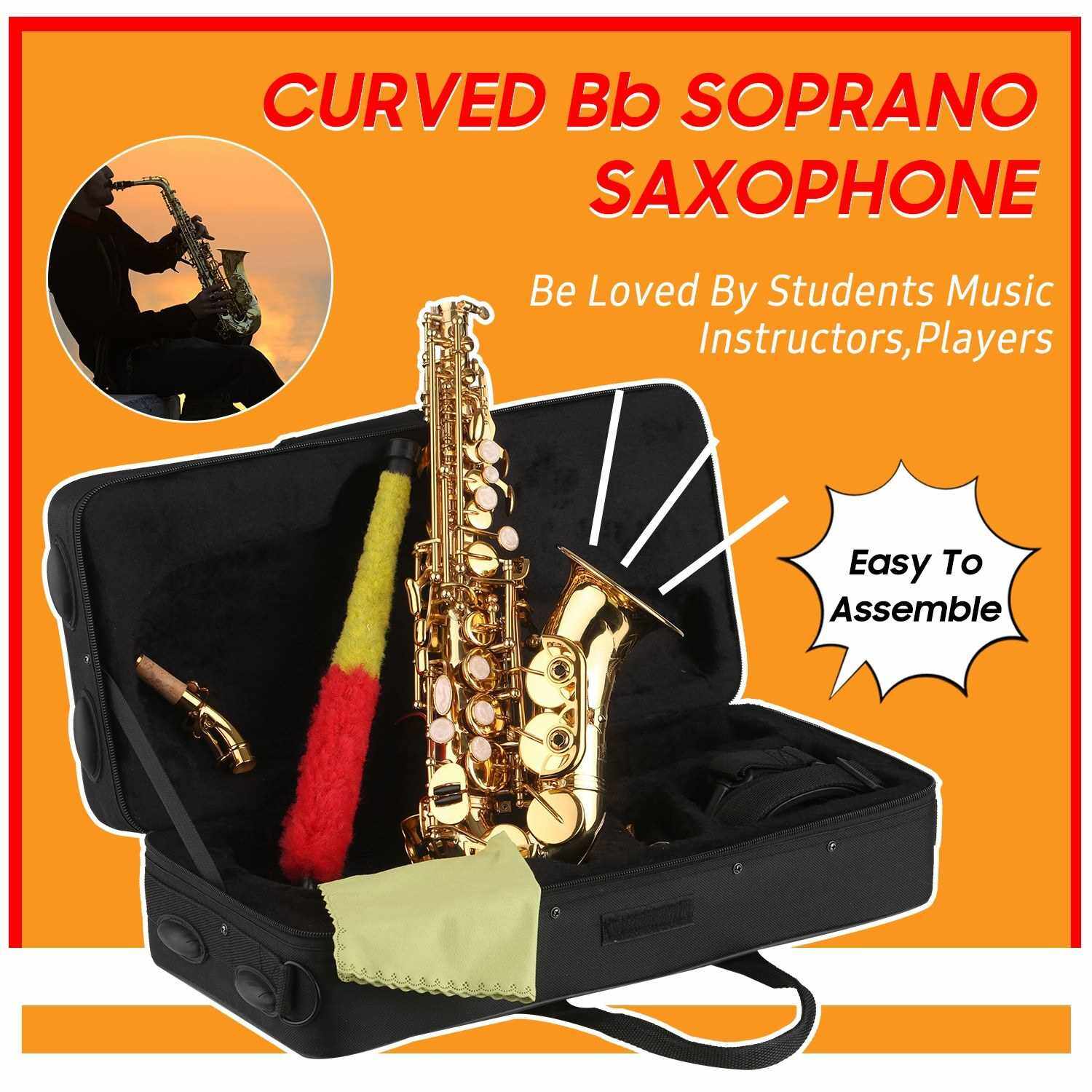 Bb Soprano Saxophone Gold Lacquer Brass Sax with Instrument Case Mouthpiece Neck Strap Cleaning Cloth Brush for Musicians Beginners (Standard)