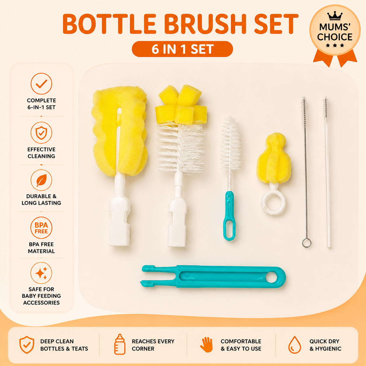 Fiffy Kids Infant Bottle Brush / OEM 6pcs Sponge Bottle Cleaning Tool Multi-Piece Set