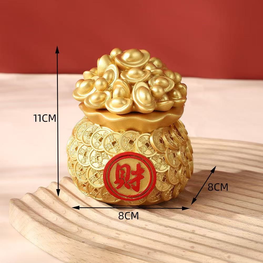 Fengshui 风水存钱罐 储蓄罐 Super Big Golden Shavings Piggy Zhaocai yuanbao Money Bag Home Decor cny decoration 2026 新年装饰品摆件 招财元宝 五帝钱 大钱袋 元宝钱袋招财花瓶客厅办公室摆件