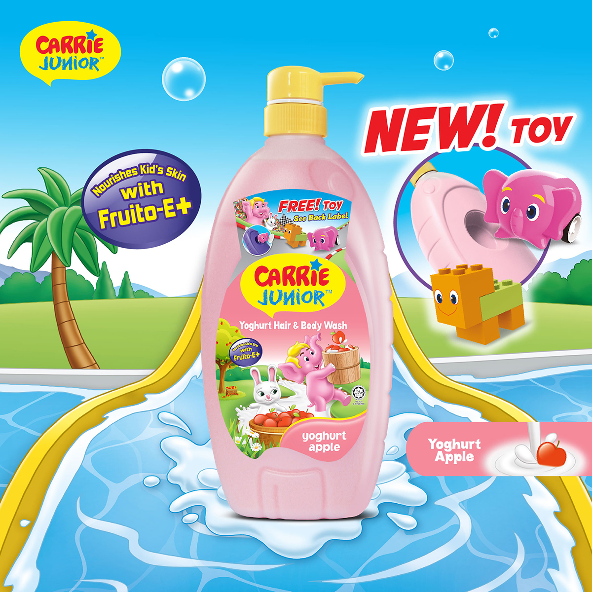 CARRIE JUNIOR Hair & Body Wash - Yoghurt Apple (1000g) [New Toy] 2x Lasting Freshness | Kids Shower