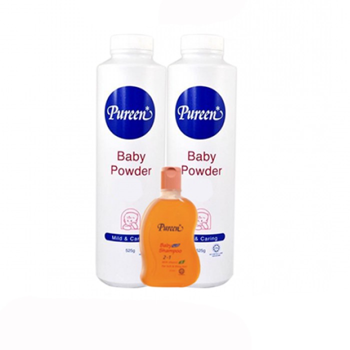 PUREEN Baby Powder 2 x 525 g WITH Baby Shampoo (2 IN 1) 150ml Diapering Care Powder Baby