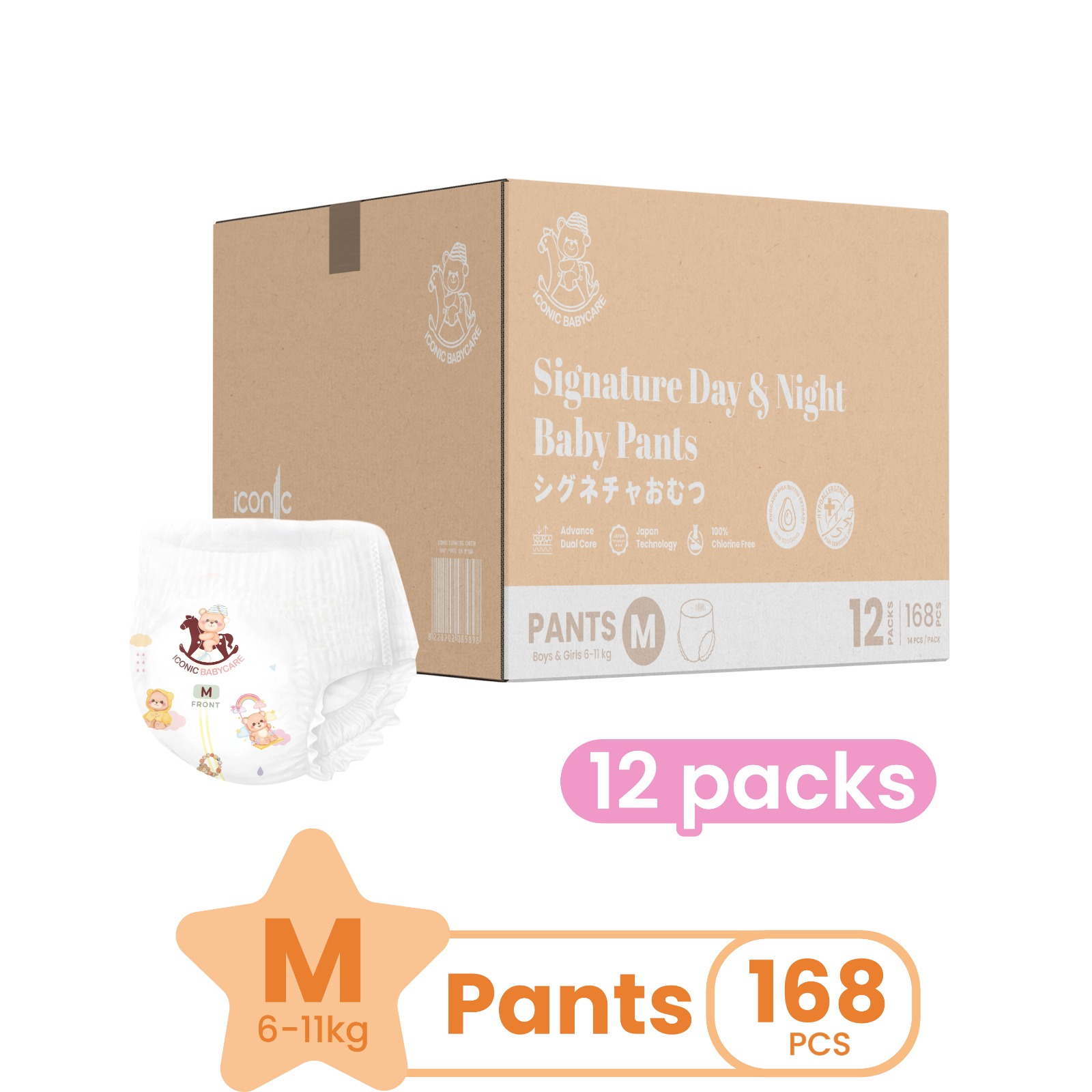 [Bundle of 12] *TRAVEL* Iconic Babycare Signature Day & Night Baby Diaper Pants M168/L144/XL120/XXL96
