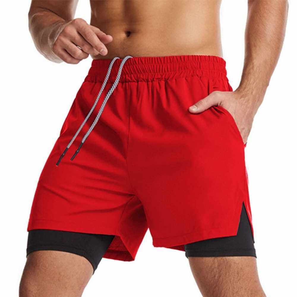 Men 2 in 1 Sport Shorts with Towel Loop Zip Pocket Quick Dry Elastic Waist Short Pants for Gym Basketball Running (Red)