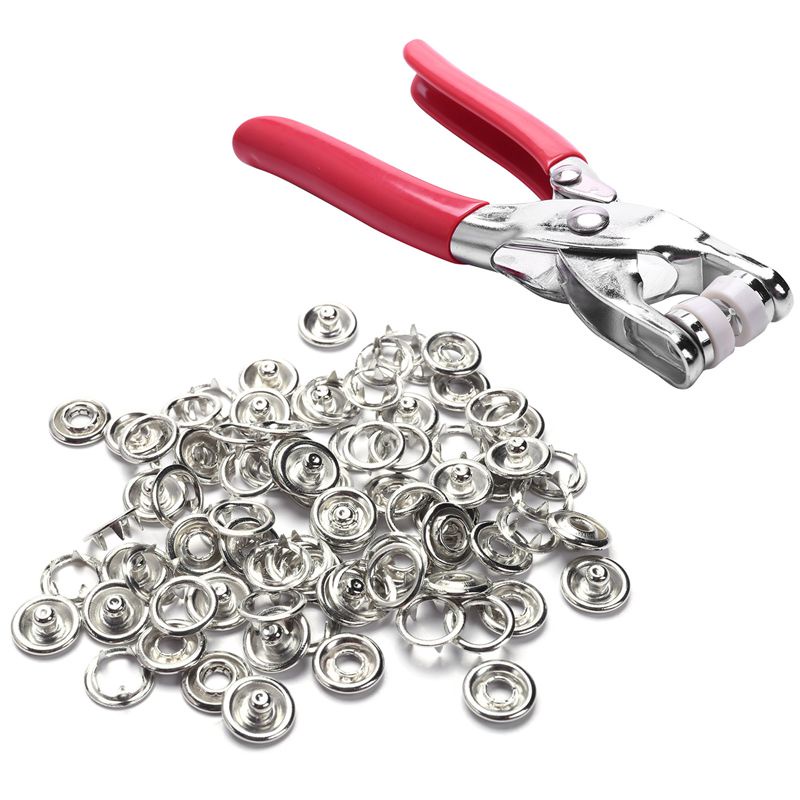 100 Set Snap Button Plier Tool Snaps Fasteners Kit Hollow and Solid Metal Prong Snaps Buttons for Installing Clothes Bag