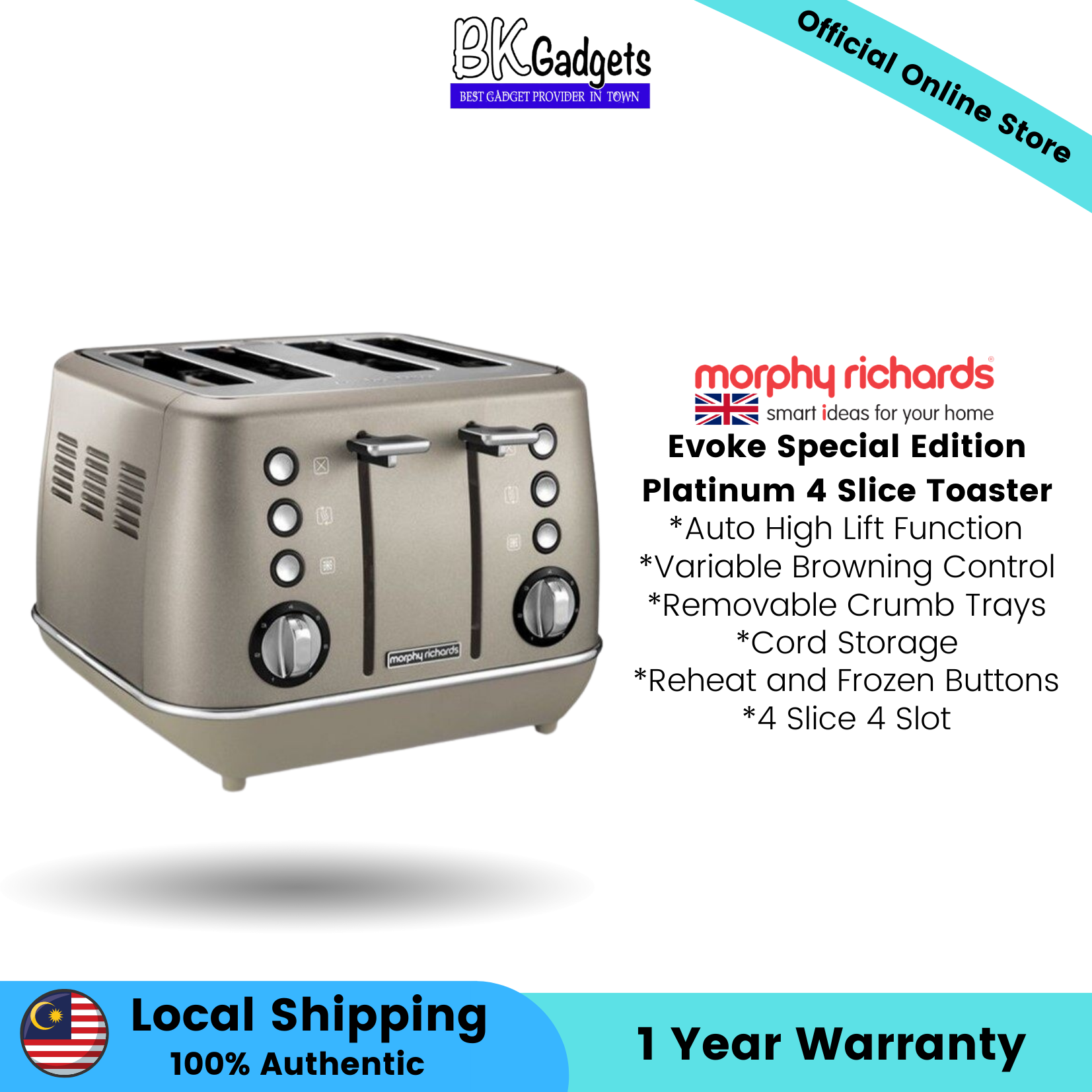 Morphy Richards Evoke Special Edition Platinum 4 Slice Toaster - Auto High Lift Function | Variable Browning Control | Cord Storage