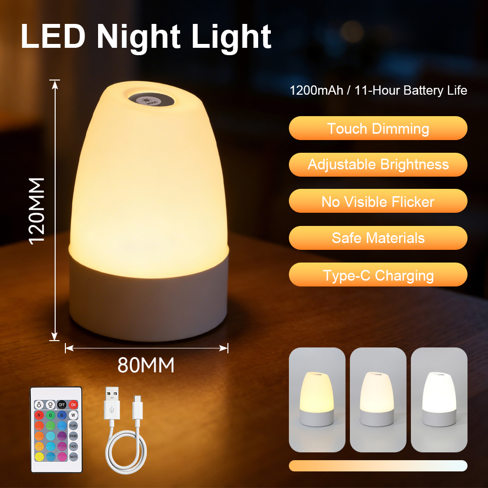 CANMEIJIA LED Night Light Touch/Remote Control Dimmable Table Lamp 3 Color Bedside Lamps Portable USB Rechargeable Desk Ambient Light for Bedroom Office Hallways Home Decoration