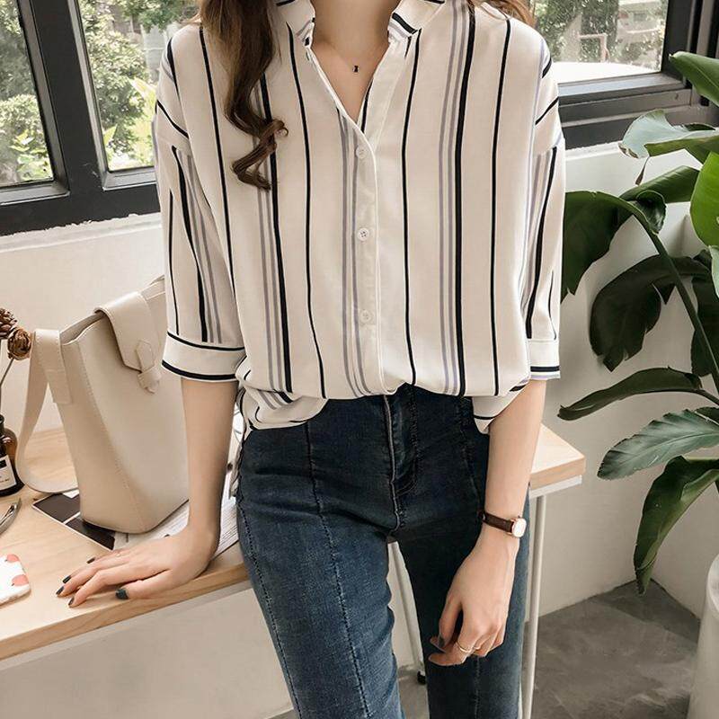 LILIANH Women Loose Large Size Stripes Three Quarter Sleeve V Collar Shirt