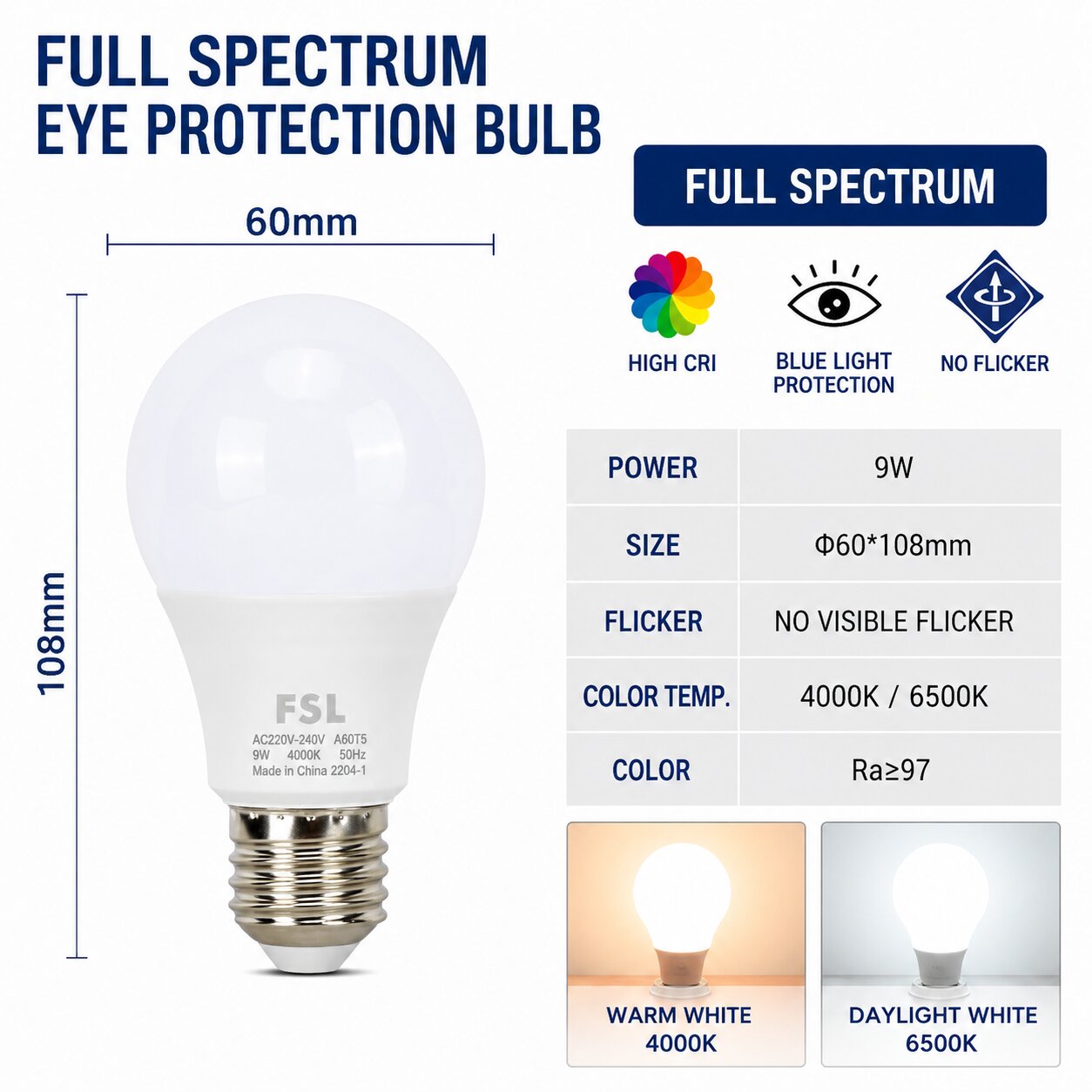 FSL Full Light Spectrum E27 Eye Protection Bulb 7W/9W/12W/15W 4000K/6500K High Quality Bulb