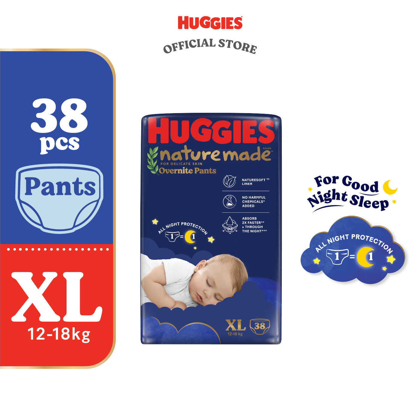 Huggies Naturemade Overnite Pants Diapers M58 / L44 / XL38 / XXL26 (1 Pack)