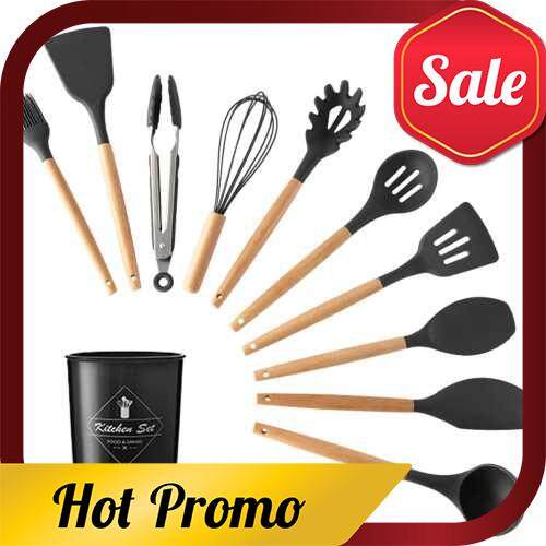 11 PCS Kitchen Utensils Set with Storage Bucket Wood Handle Silicone Cooking Wares Heat Resistant Kitchen Utensils & Gadgets Easy to Clean for Home Kitchens Restaurants Hotels (Standard)