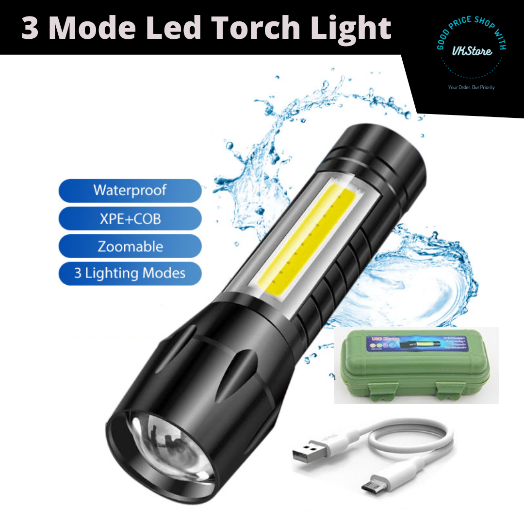 3 MODES PORTABLE TORCH LIGHT XPE+COB LED ZOOMABLE FLASHLIGHT with USB CHARGING CABLE Lampu Suluh