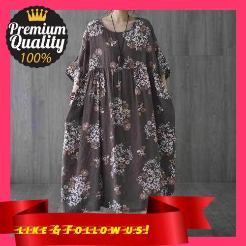 People's Choice Vintage Women Cotton Linen Dress Floral Print O Neck Half Sleeve Pocket High Waist Loose Casual Maxi Dress (Coffee)