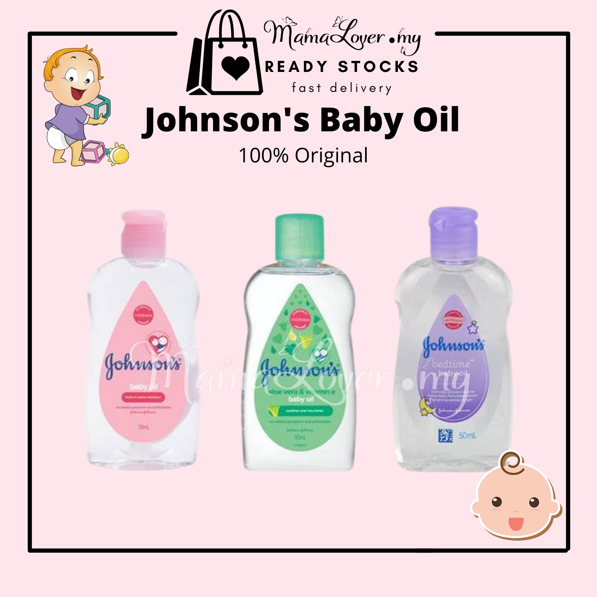 Johnsons Baby Oil 50ml Original Pink Bedtime Purple Aloe Vera Green Minyak Bayi