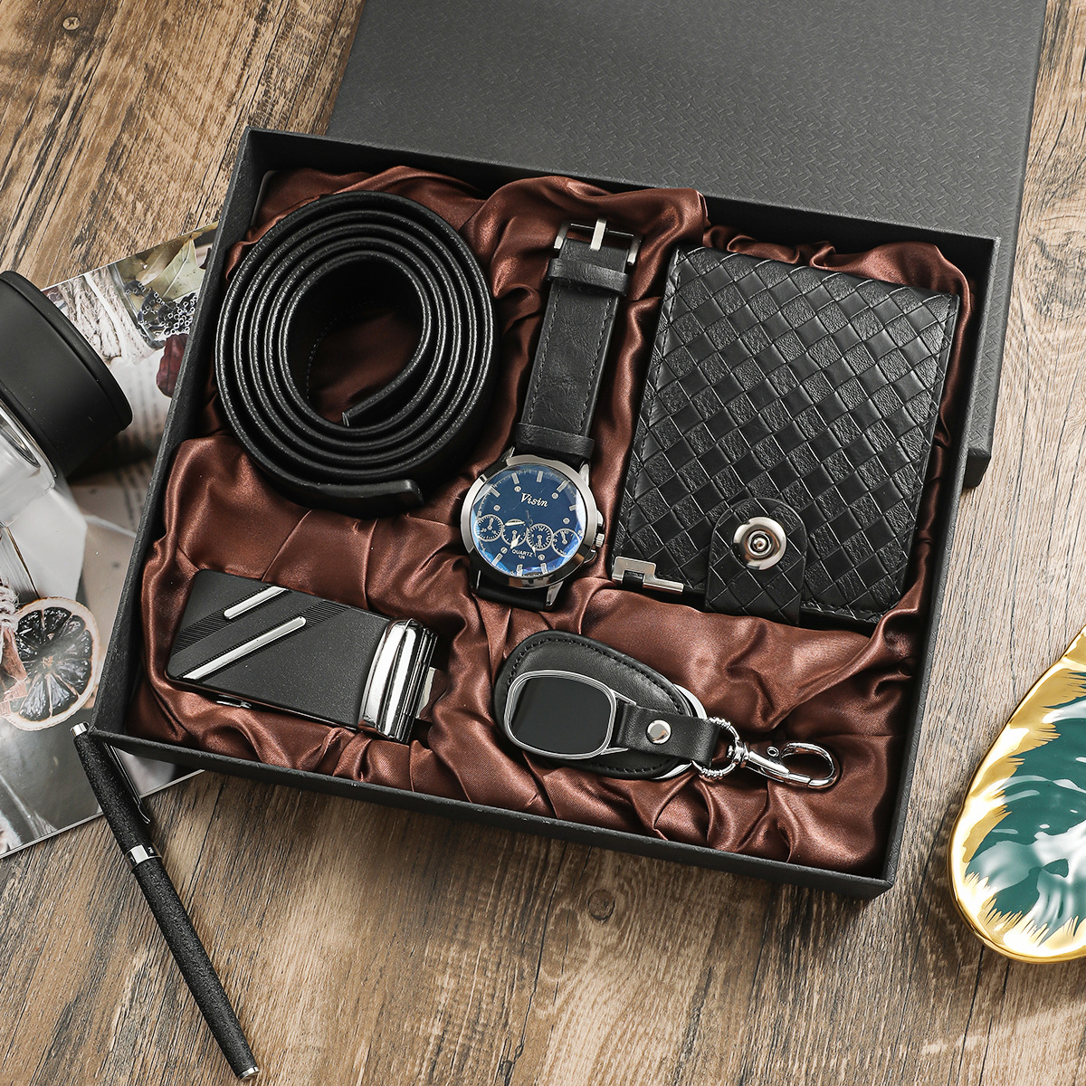 [EE  Accessories] Men's Watch Gift Suit Holiday Birthday Gift Wallet Belt Keychain Watch Suit 5pcsset