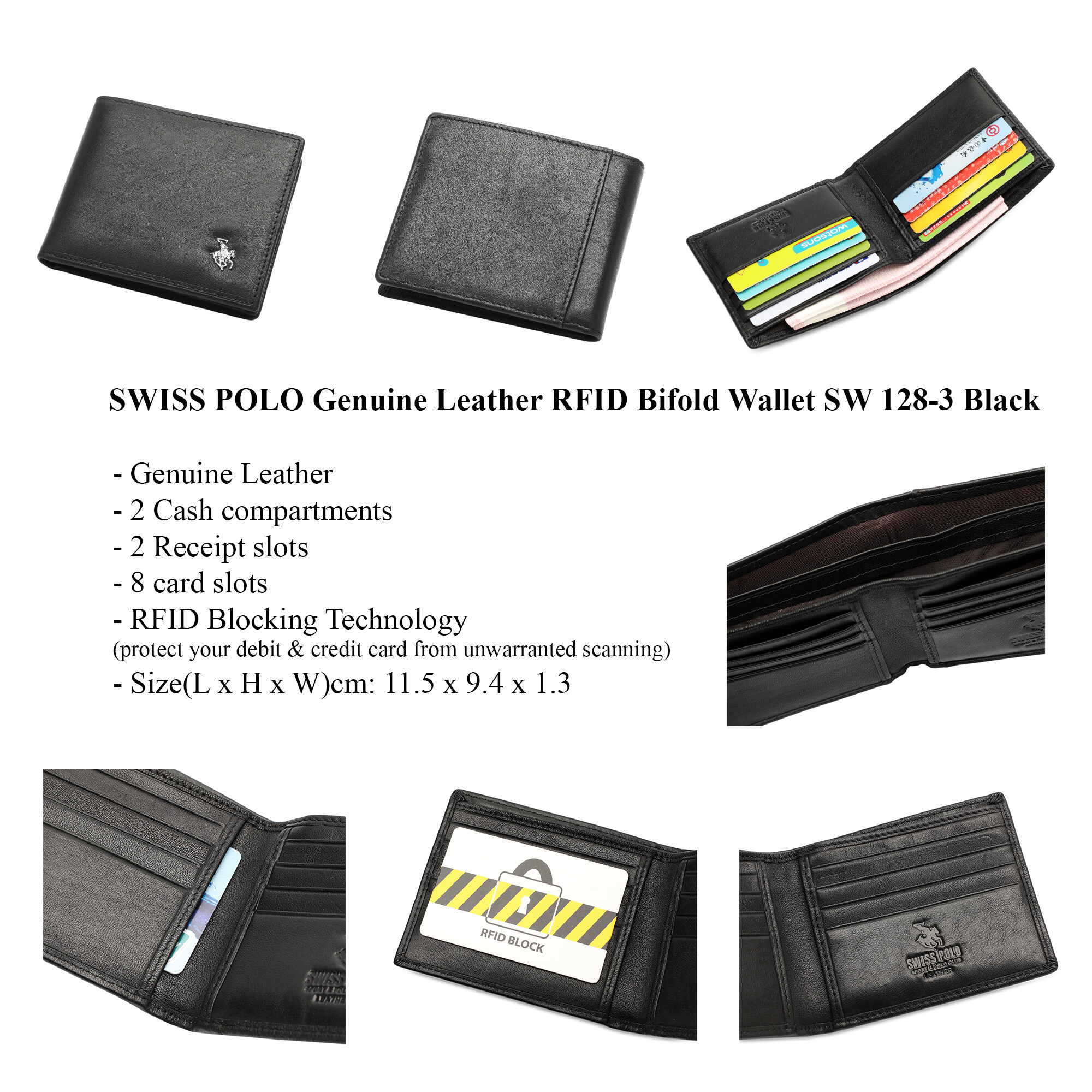 SWISS POLO Genuine Leather RFID Short Wallet SW 128-3 BLACK