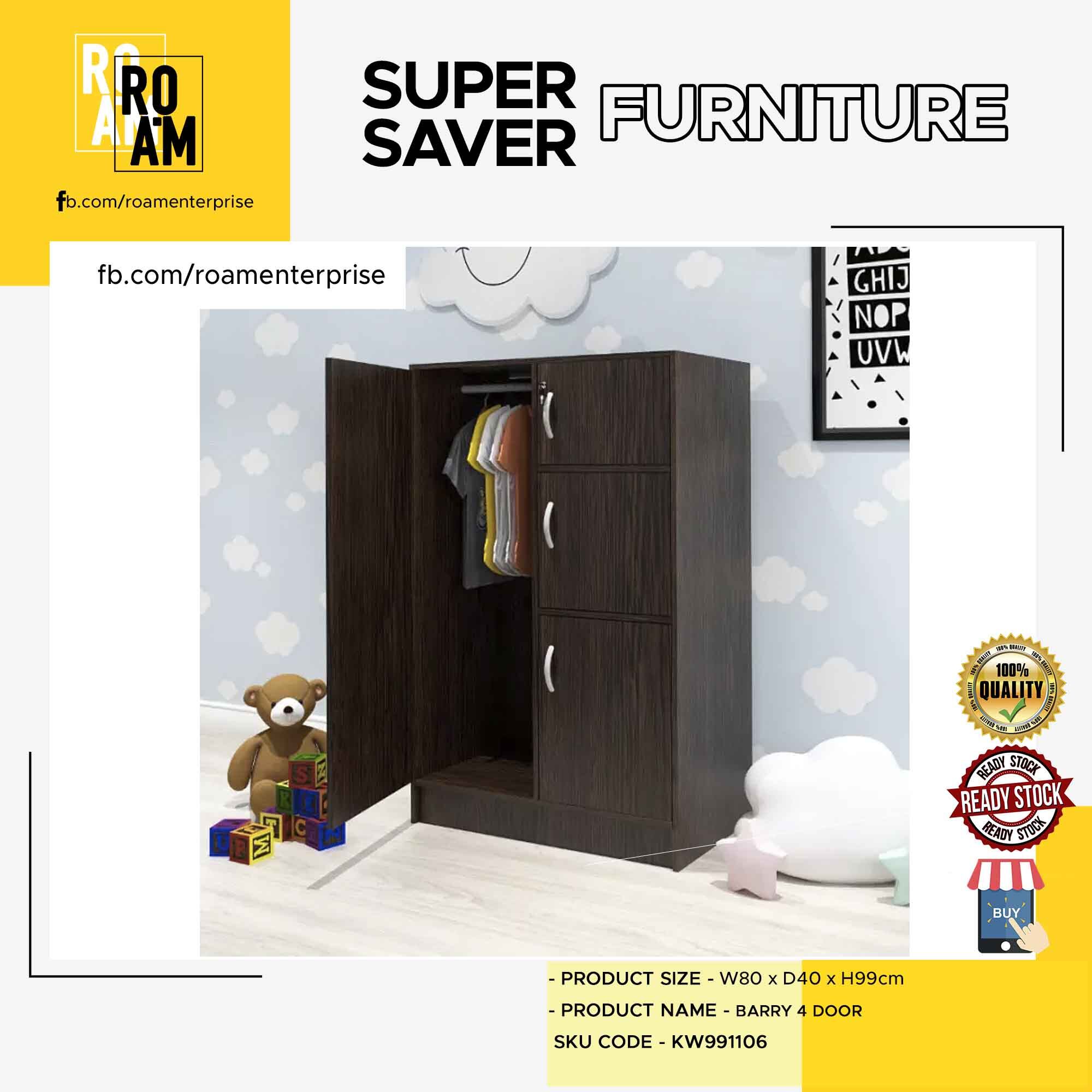 ROAM ENTERPRISE 4 door children wardrobe Oak Color Almari Baju Kanak Kanak Wardrobe Kids Storage Cabinet with Hanging Rod