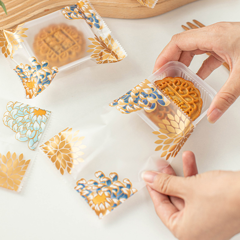 SHIOK 100pcs Mooncake Packaging Bag Matte Gold Chrysanthemum Design For Mid Autumn Mooncake Festival Confectionery Pastry BX1981