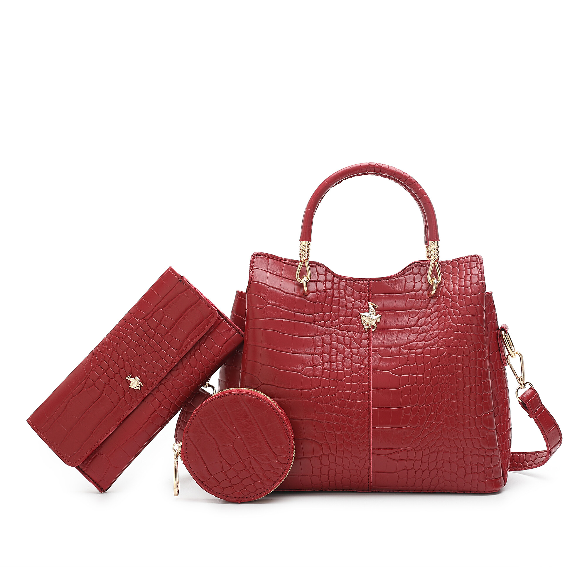 SWISS POLO Ladies 3 In 1 Croc Embossed Handbag With Pouch/ Coin Case HGY 1885-3 RED