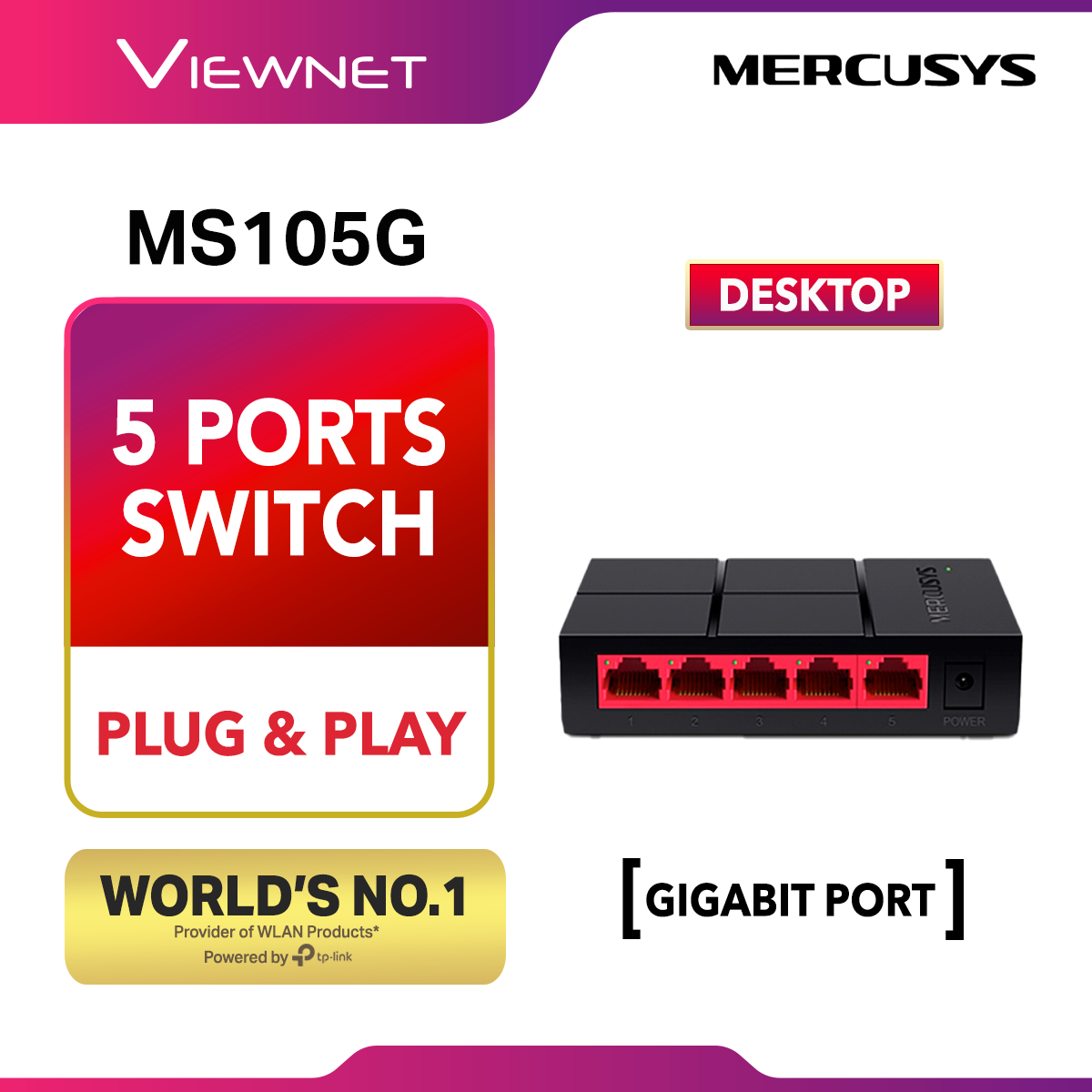 Mercusys MS105G (Powered by TP-Link) 5-Port Gigabit 10/100/1000 Mbps Desktop Network Ethernet LAN Switch MS105G (TP LINK)