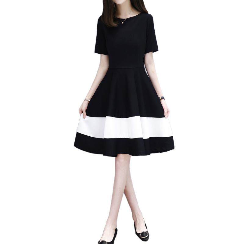 【SIMPLE & NICE】Malaysian Fashionista Mature Lady Short Sleeve Line Design Short Dress (Black -Size: M-XXL)