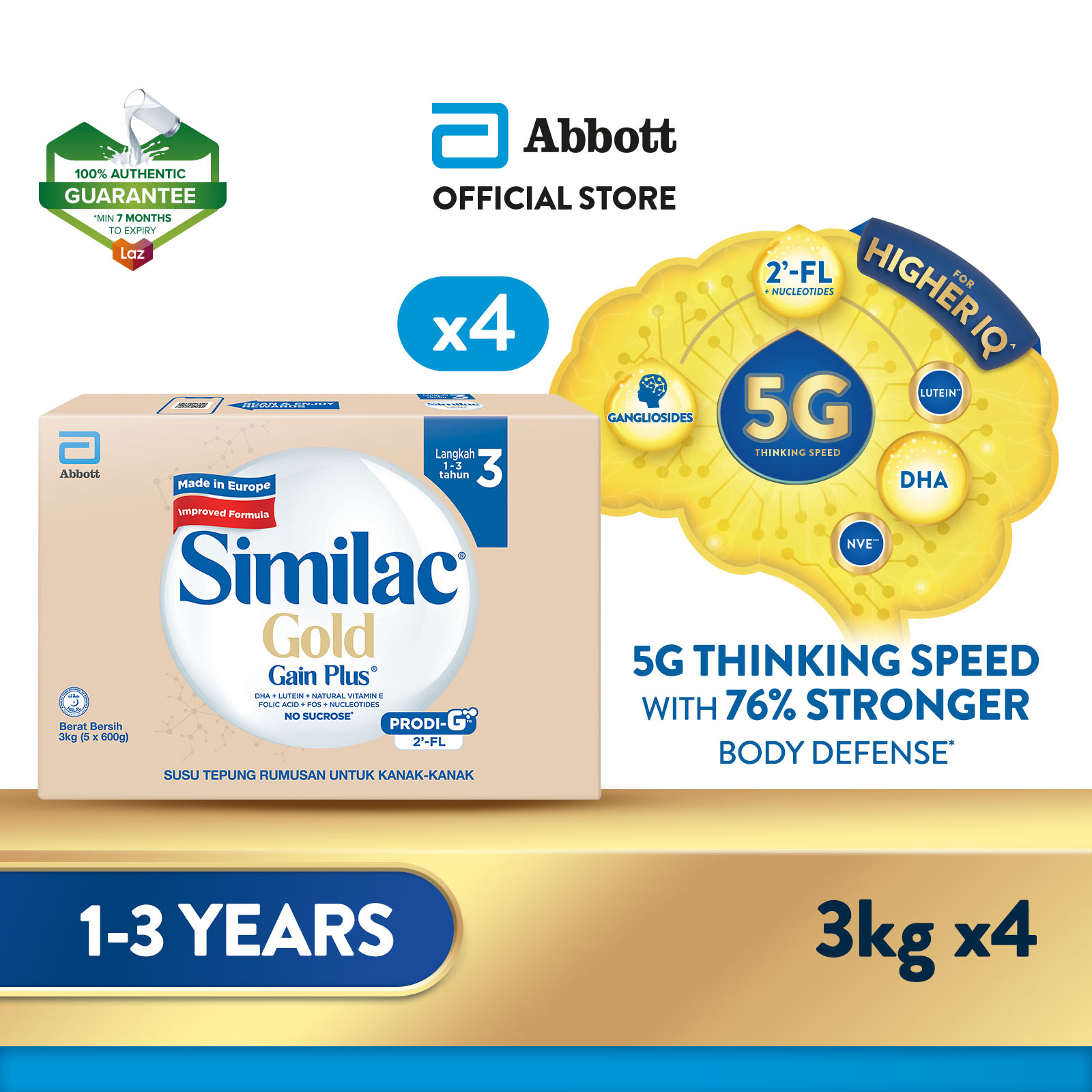 Similac Gold Gain Plus Step 3 Milk Formula 3kg x4 (Growing Up Milk for Faster Learning)